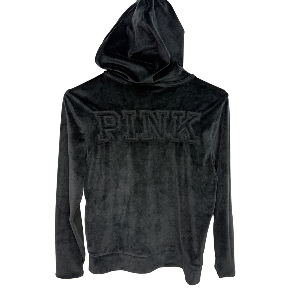 Victoria Secret PINK Black Velour Zip Up Hoodie Sweatshirt Embossed Logo XS